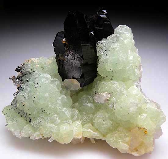 Babingtonite on Prehnite with Quartz from Meigu, Sichuan Prov., China [db_pics/pics/a255a.jpg]
