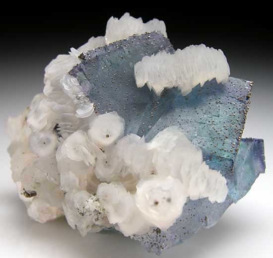 Calcite on Fluorite with Pyrite on Ferberite from Yaogangxian Mine, Hunan Prov., China [db_pics/pics/a449a.jpg]