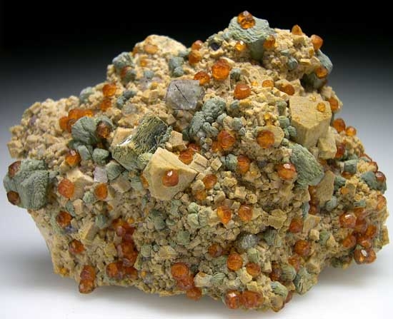 Fluorite, Spessartine, Mica on Orthoclase from Tongbei, Fujian Prov., China [db_pics/pics/a659a.jpg]
