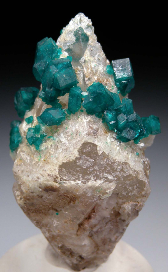 Dioptase on Calcite from Altyn-Tyube, Karagandy Province, Kazakhstan [db_pics/pics/p962a.jpg]