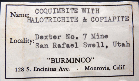 Coquimbite with Halotrichite and Copiapite from Dexter No. 7 Mine, San Rafael Swell, Utah, USA [db_pics/pics/r209d.jpg]